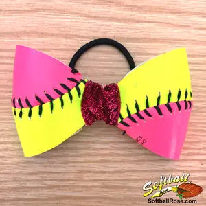 Pink/Yellow Softball Hair Bow - Customizable