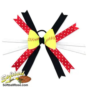 Softball Hair Bow - Black Red Polka Dot