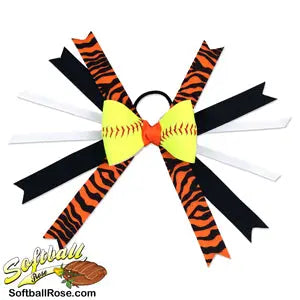 Softball Hair Bow - Black Orange Zebra