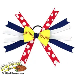 Softball Hair Bow - Blue Red Polka Dot