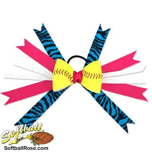 Softball Hair Bow - Pink Turquoise Zebra